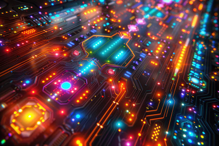 Circuit board close-up. Technology background. 3d renderingの素材