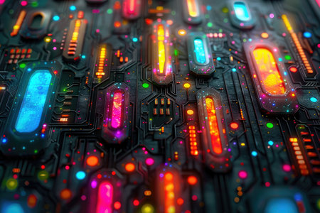 Close-up of electronic circuit board with colorful lights. Technology conceptの素材