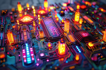 Circuit board close-up. Technology background. 3d renderingの素材