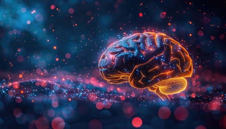 Human brain with glowing particles. 3D illustration. 3D renderingの素材