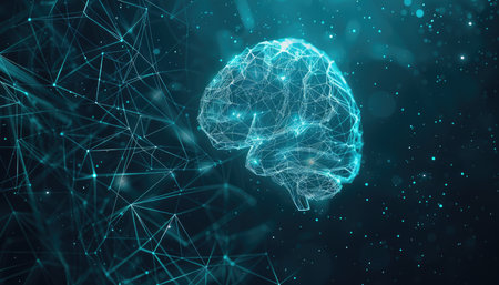 Abstract digital human brain with polygonal connections on dark blue background, 3D renderingの素材