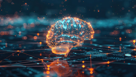 3d rendering artificial intelligence concept with human brain on dark blue backgroundの素材