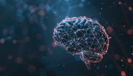 Abstract polygonal brain with connections on dark background. Artificial intelligence concept. 3D Renderingの素材