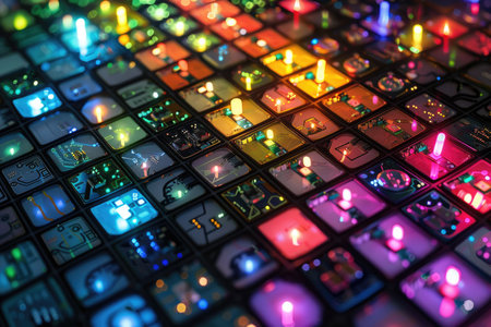 3d rendering of many illuminated cubes in a dark room with neon lightsの素材