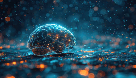 3d rendering of human brain with glowing particles and bokeh backgroundの素材