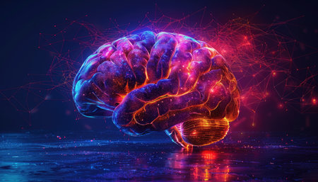 3d illustration of human brain with glowing particles on dark background. Artificial intelligence conceptの素材