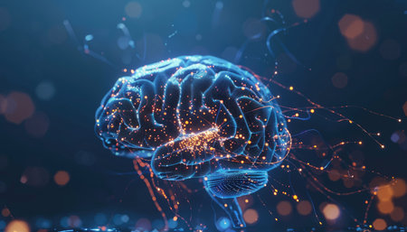 3d rendering of a human brain with glowing particles on blue backgroundの素材
