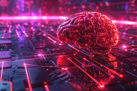 3d illustration of human brain with circuit board on the computer backgroundの素材