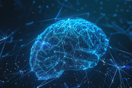 3D rendering artificial intelligence concept with human brain on dark blue backgroundの素材