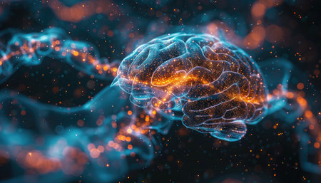 Human brain with glowing particles. 3D illustration. Artificial intelligence conceptの素材