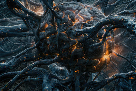 3D rendering of abstract technology digital hi tech concept with glowing particlesの素材