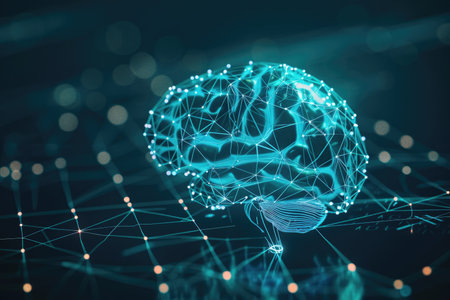 Abstract digital brain on blue background. Artificial intelligence and machine learning concept. 3D Renderingの素材