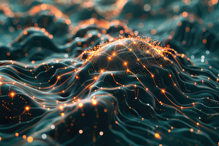 3d rendering of abstract glowing particles in empty space. Futuristic background with depth of field and bokeh effect.の素材