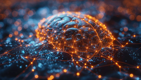 Human brain with glowing dot connection. Artificial intelligence concept. 3D renderingの素材