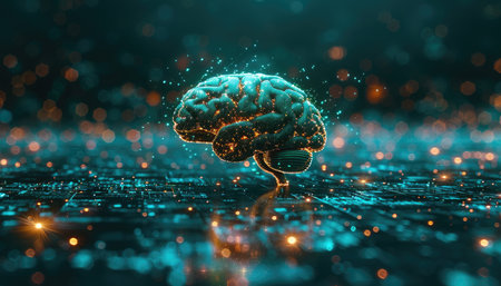 3d rendering of human brain on circuit board with bokeh backgroundの素材