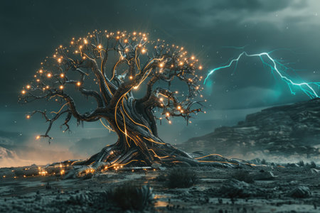Fantasy landscape with old tree and lightning. 3D rendering.の素材