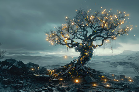 Fantasy landscape with tree and lights. 3d rendering. Computer digital drawing.の素材