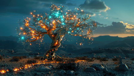 3d rendering of a fantasy alien landscape with a tree and lightsの素材