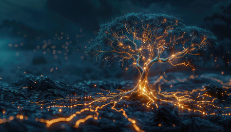 Futuristic tree glowing in the dark. 3D rendering.の素材
