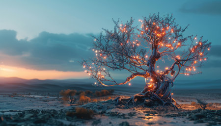 Lonely tree in the desert at sunset. 3d renderingの素材