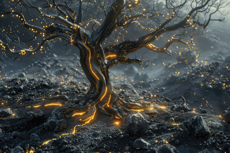 3d rendering of a fantasy tree with glowing lights in the forestの素材