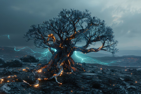 Fantasy landscape with old tree and lightning. 3D illustration.の素材