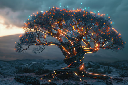 3D rendering of a fantasy tree in the desert at night.の素材
