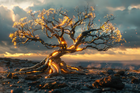 Fantasy landscape with old tree at sunset. 3D illustration.の素材