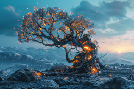 Fantasy landscape with tree and lights. 3d render illustration.の素材