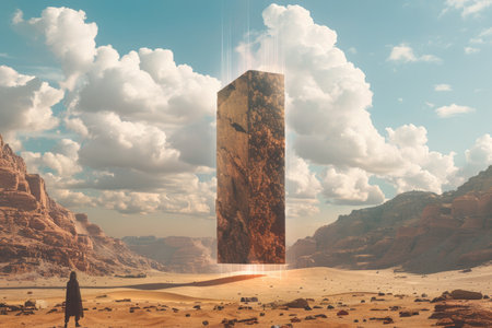 Fantasy landscape with 3d building in the middle of the desertの素材