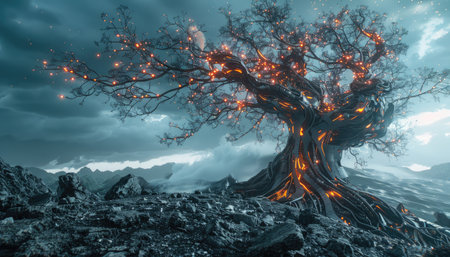 3D illustration of a fantasy landscape with a tree in the foregroundの素材