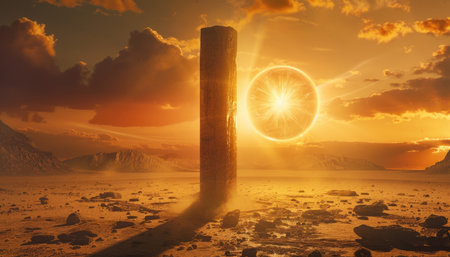 Sunset in the desert. 3D render. Conceptual image.の素材