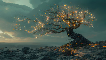 Fantasy landscape with old tree and lights. 3D illustration.の素材