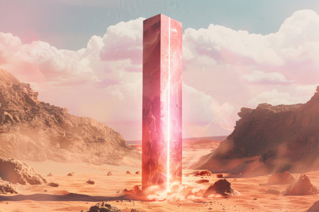 Conceptual image with stone column in desert. 3d renderingの素材