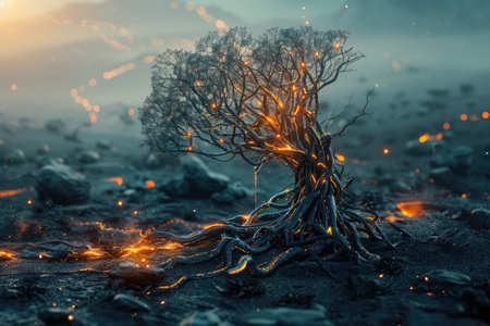 Fantasy landscape with a tree in the desert. 3d renderingの素材