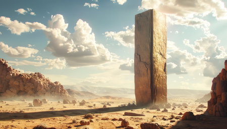 Fantasy landscape with giant stone in the desert. 3d renderingの素材