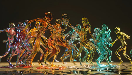 Group of colorful dancing figures on a dark background. Selective focus.の素材