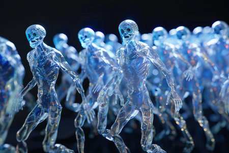 3D illustration of a group of human figurines made of glassの素材