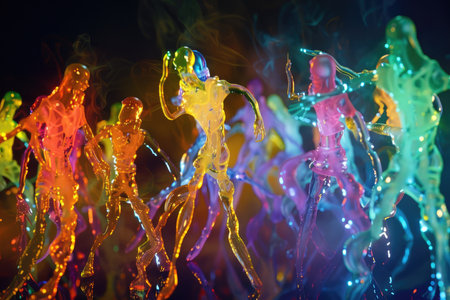 Colorful abstract background of people dancing in the night club. Colorful figures dance in the dark.の素材