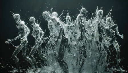A group of dancing people in the water on a black background.の素材