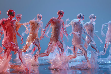3d illustration of a group of plasticine figures dancing in waterの素材