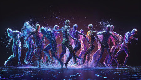 3d rendering of a group of dancing people in water splashesの素材