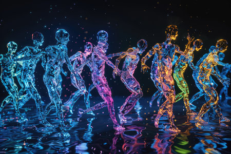 3d rendering of a group of people running in the water.の素材