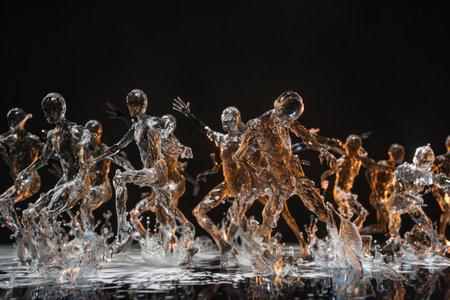 Falling ice figures on black background. Ice sculptures in motion.の素材