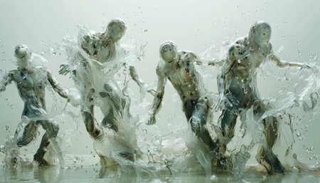 Water splashes around a group of human figures, 3d renderの素材