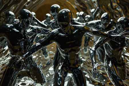 3D illustration of a group of black metallic people standing in waterの素材