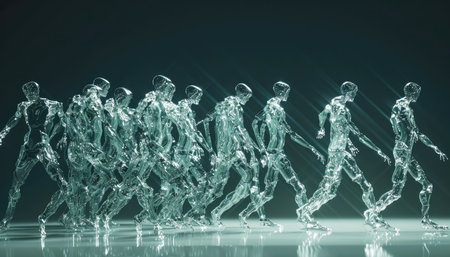 3d rendering of a group of people running in a line on a dark backgroundの素材