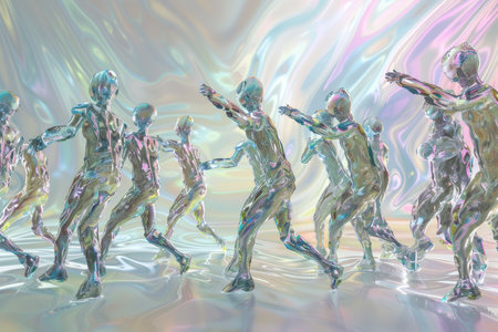 3D illustration of a group of people running in a liquid formの素材