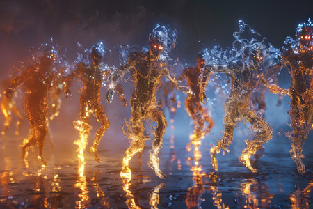 Silhouettes of people dancing in water. Abstract background. 3D rendering.の素材