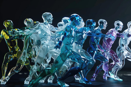 Group of people running on black background. Teamwork concept. 3D Renderingの素材